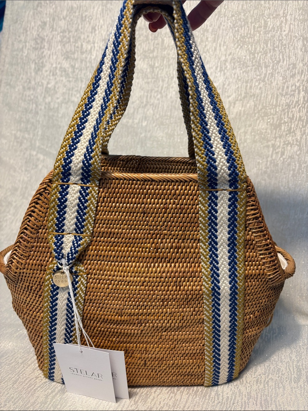 NWT STELAR HANDWOVEN RATTAN BAG with Striped Straps